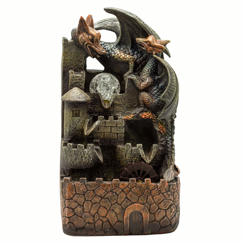 Tabletop Water Feature - 35cm - Dragons, Crystal Ball & Water Wheel