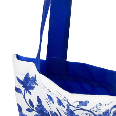 Cotton Tote Bag with lining, Delft Blue birds
