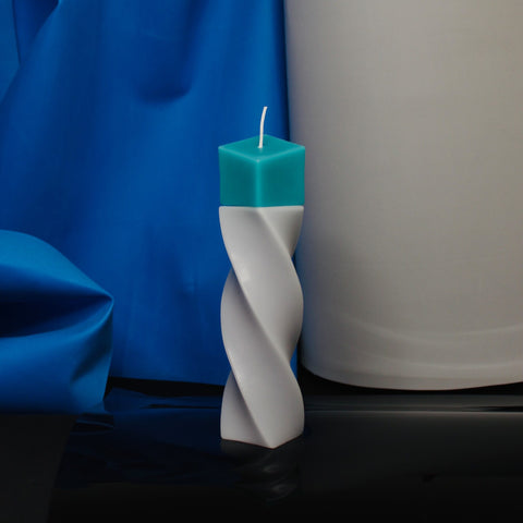 Geometrical pillar candle SPINS Tilt Grey - Turquoise