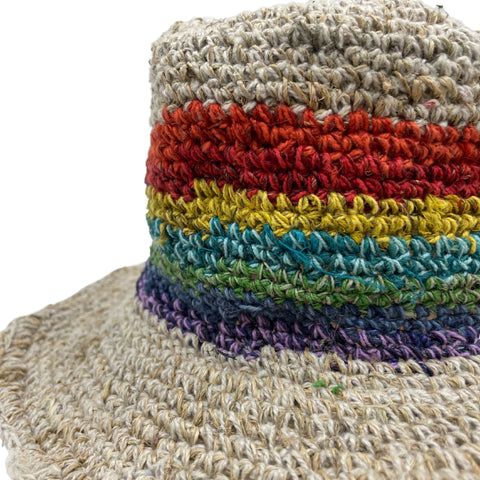 Hand-Knited Hemp & Cotton Boho Festival Hat - Rainbow