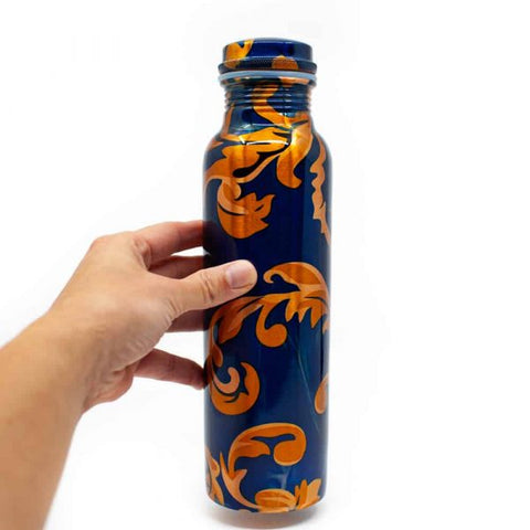 Spiru Copper Water Bottle Blue Floral Print – 900 ml