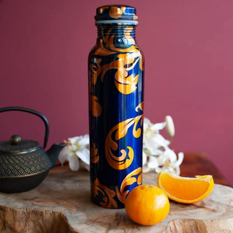 Spiru Copper Water Bottle Blue Floral Print – 900 ml