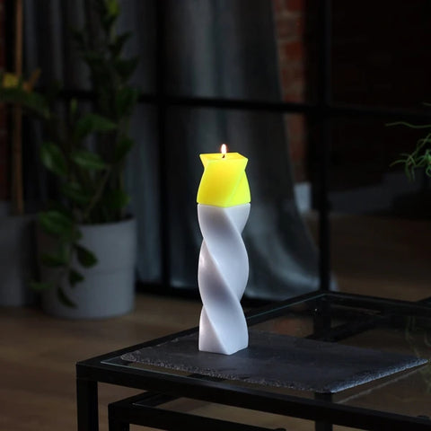 Geometrical pillar candle SPINS Spiral Grey - Yellow