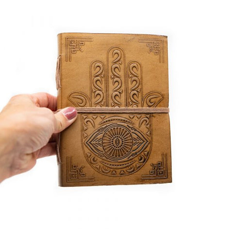 Handmade Leather Notebook with Hamsa Hand (17.5 x 13 cm)