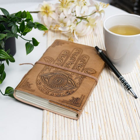 Handmade Leather Notebook with Hamsa Hand (17.5 x 13 cm)