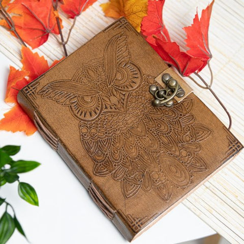 Handmade Leather Notebook with Owl (17.5 x 13 cm)